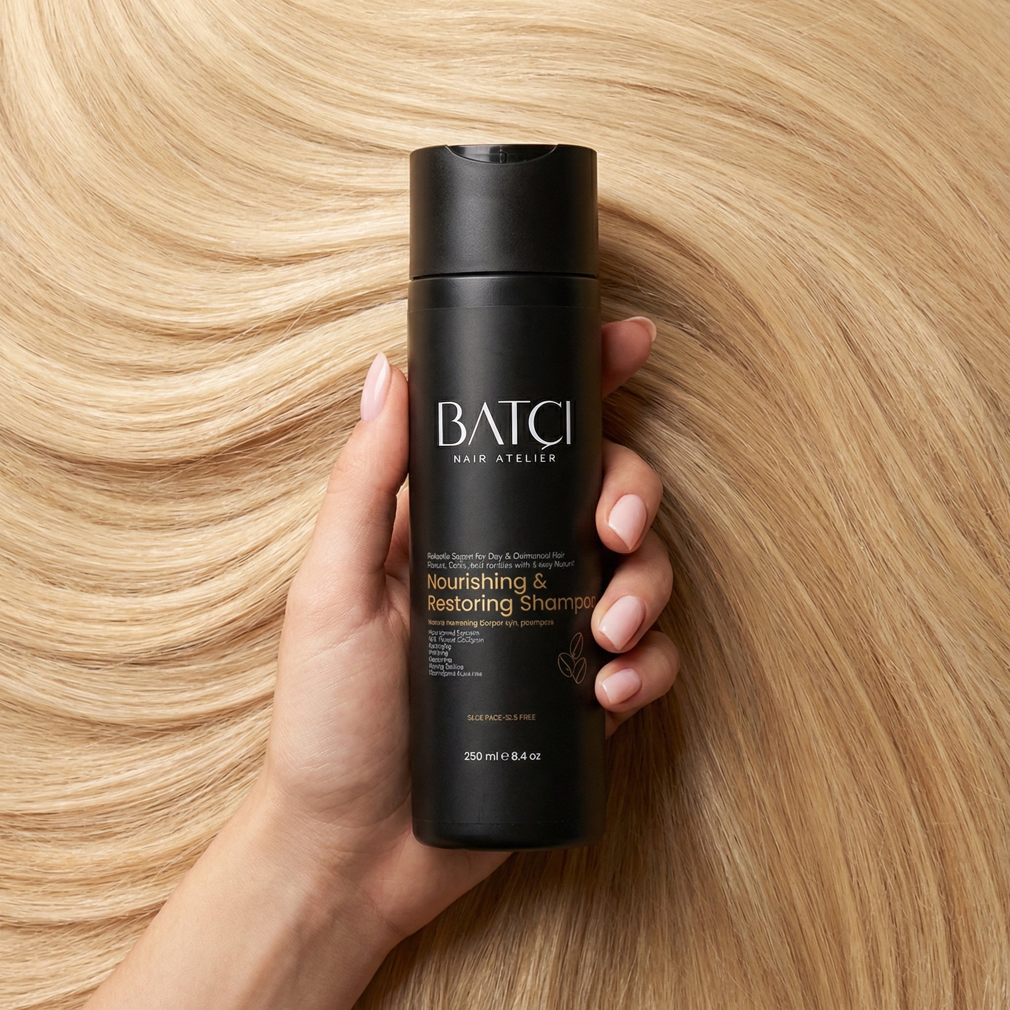 Hair Atelier Nourishing Shampoo held in hand for smooth healthy hair